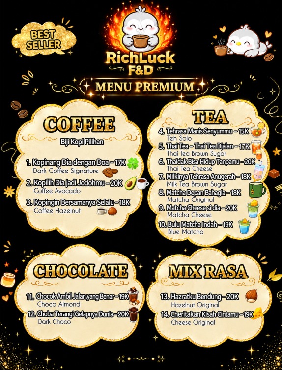 RichLuck F&D Bekasi: Nikmati Aneka Makanan dan Minuman Premium dengan Nama Menu Unik dan Harga Bersahabat